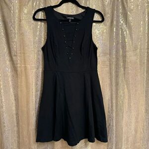Express Black Skater Mini Form Fitting Dress Mesh V Neck Studs Medium
